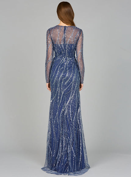 Lara New York 29039 Long Sleeve Sheath Gown with Silver Beads