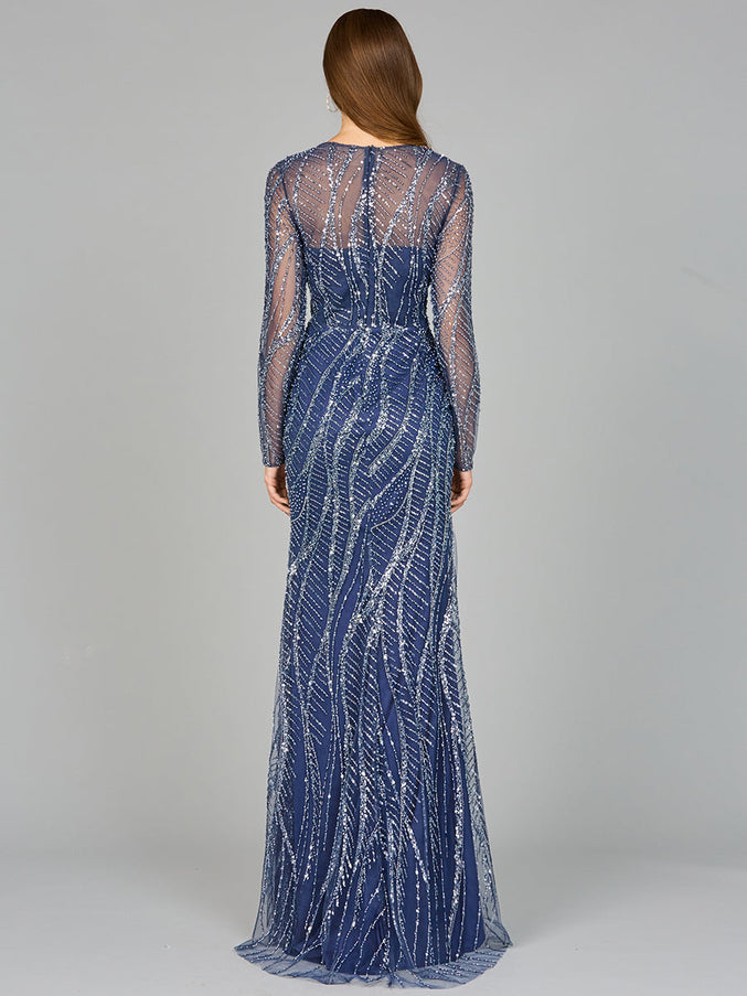 Lara New York 29039 Long Sleeve Sheath Gown with Silver Beads
