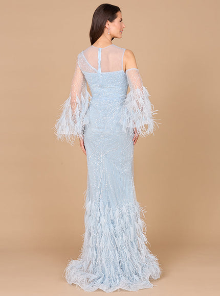 Cold Shoulder Mermaid Lace Gown with Feathers - OUTLET