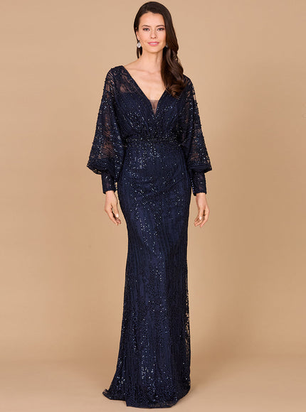 Long Bishop Sleeve Lace Gown Navy