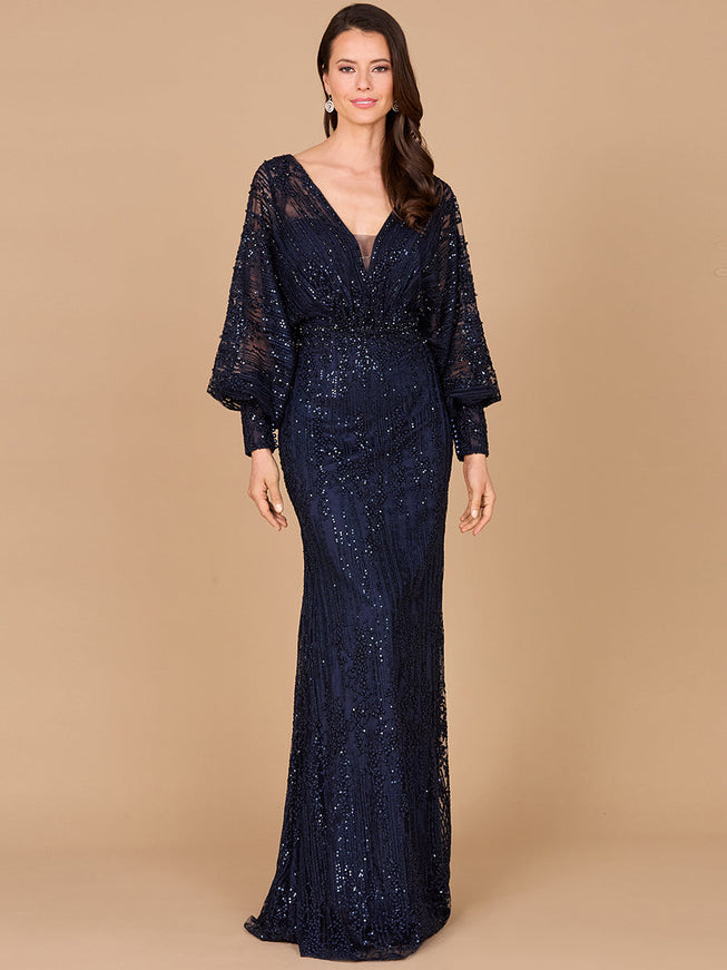Long Bishop Sleeve Lace Gown Navy