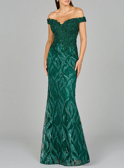 Off Shoulder, Mermaid Lace Gown Green