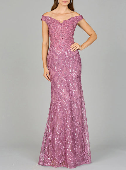 Off Shoulder, Mermaid Lace Gown Rose