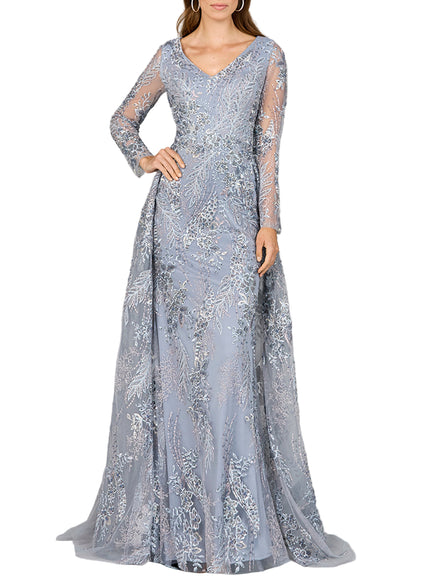 Lara Lace Long Sleeve Gown with Overskirt Slate Multi