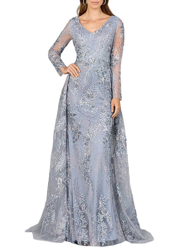 Lara Lace Long Sleeve Gown with Overskirt Slate Multi