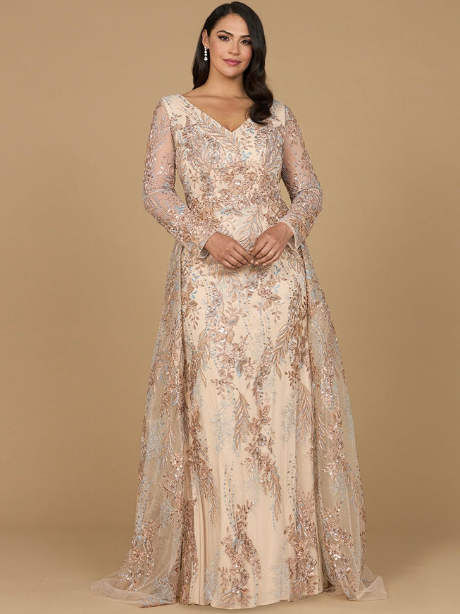 Lara Women's Lace Long Sleeve Gown with Overskirt - Champagne - 4 Lara Women's Lace Long Sleeve Gown with Overskirt - Champagne - 4