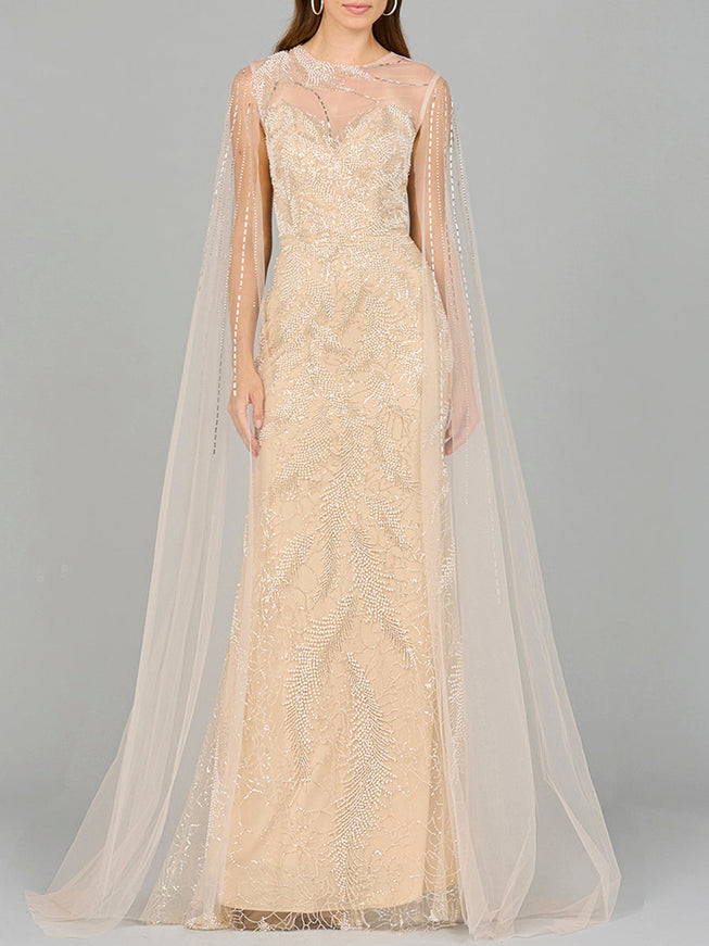 Long Cape Beaded Gown Champagne Ivory