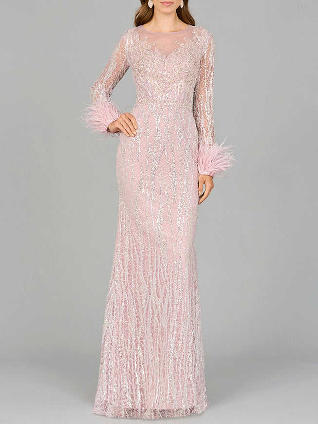Long Sleeve Sheath Gown with Feathers Purple Mist