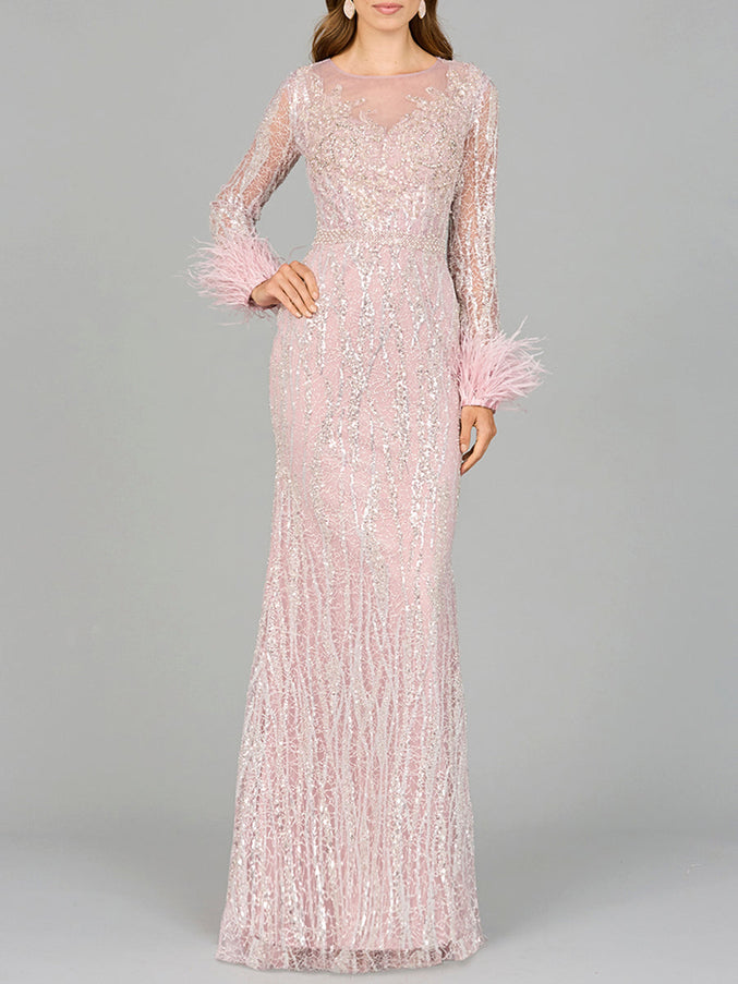 Lara New York 29049 Long Sleeve Sheath Gown with Feathers Purple Mist