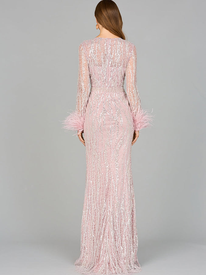 Lara New York 29049 Long Sleeve Sheath Gown with Feathers