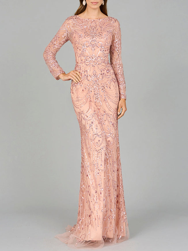 Long Sleeve Lace Gown Blush