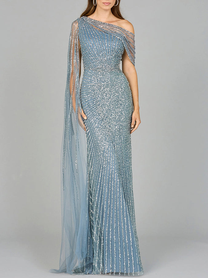 One Shoulder Fitted Gown Slate