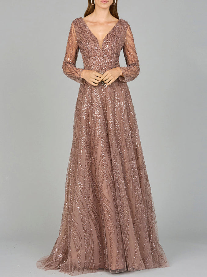 Lara New York 29052 Modest Long Sleeve Ball Gown Taupe