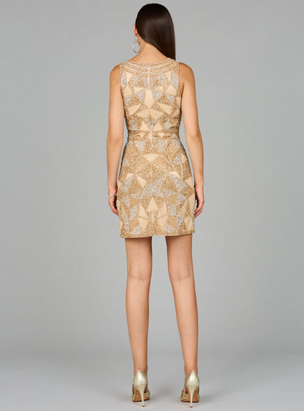 V-Neck Beaded Mini Dress with Closed Back and Fringes