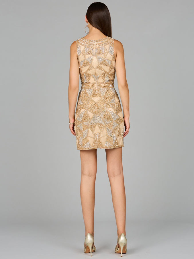 Lara New York 29056 V-Neck Beaded Mini Dress with Closed Back and Fringes