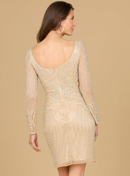 Lara Long Sleeve Cocktail Dress with Illusion Neckline