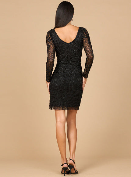 Lara Long Sleeve Cocktail Dress with Illusion Neckline