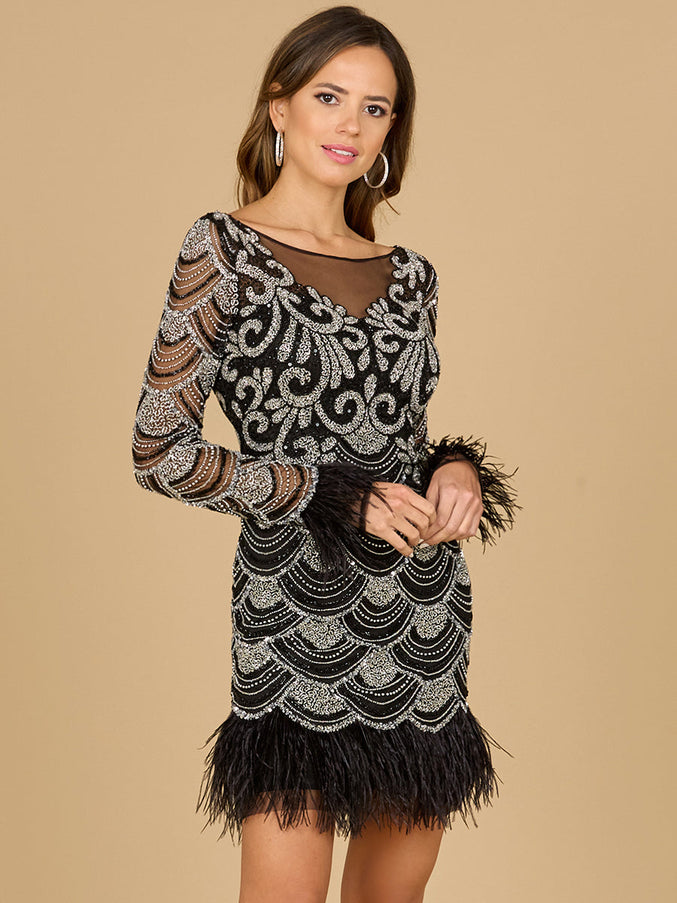 Beaded Short Dress with Feathers and Sleeves Black Silver