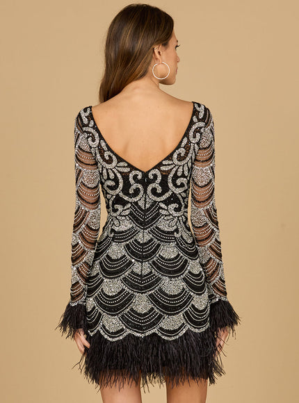 Beaded Short Dress with Feathers and Sleeves