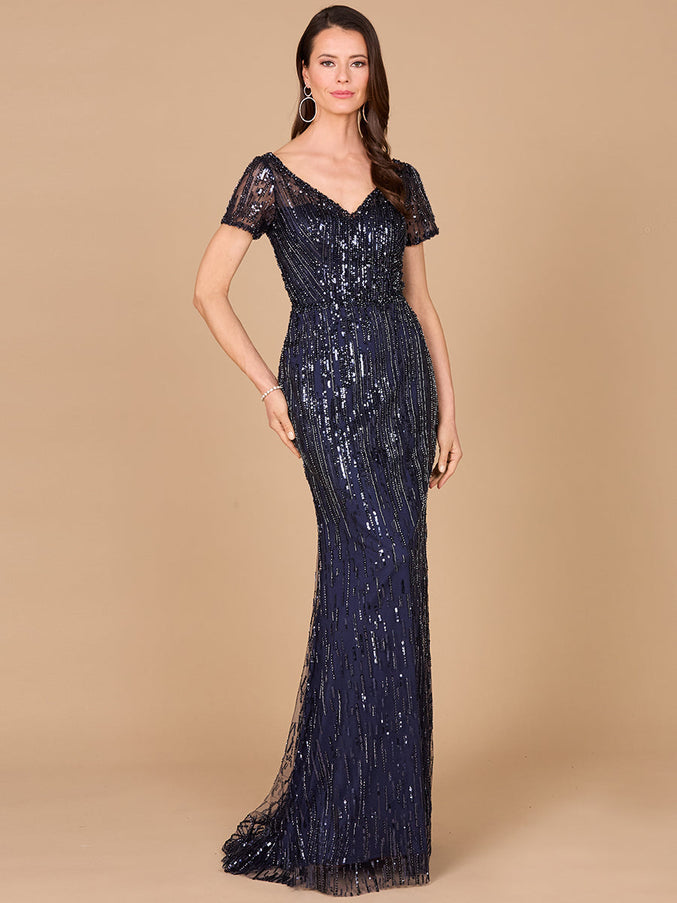 Lara New York 29072 Short Sleeve Beaded Mermaid Gown Navy