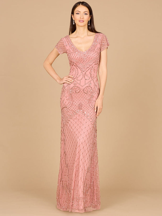 Beaded Cap Sleeve Gown With V-Neckline - OUTLET Rose