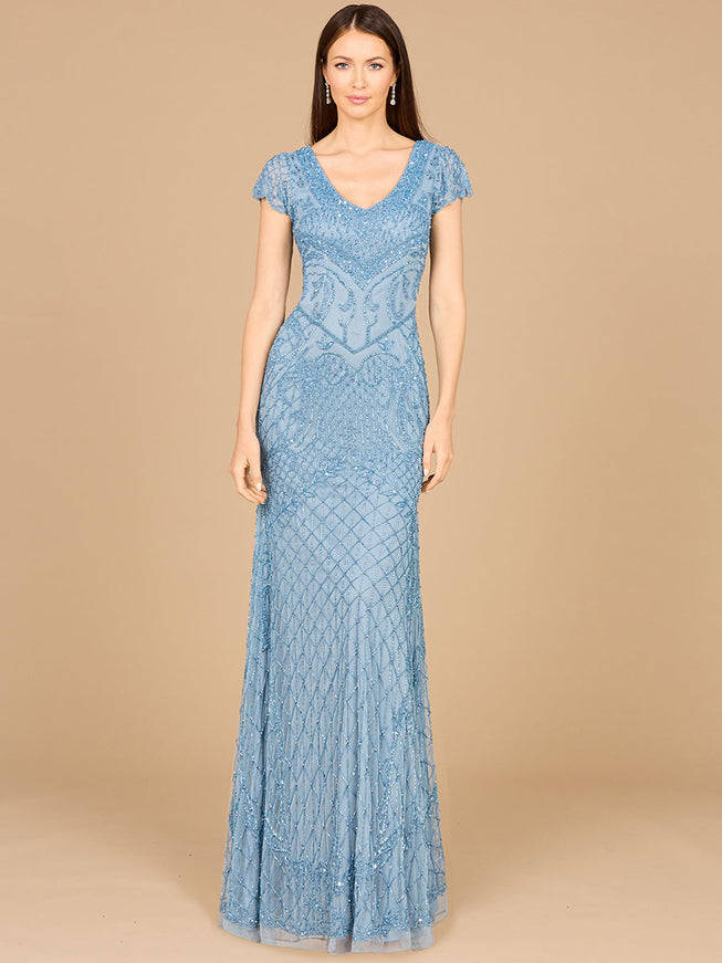 Beaded Cap Sleeve Gown With V-Neckline - OUTLET Slate