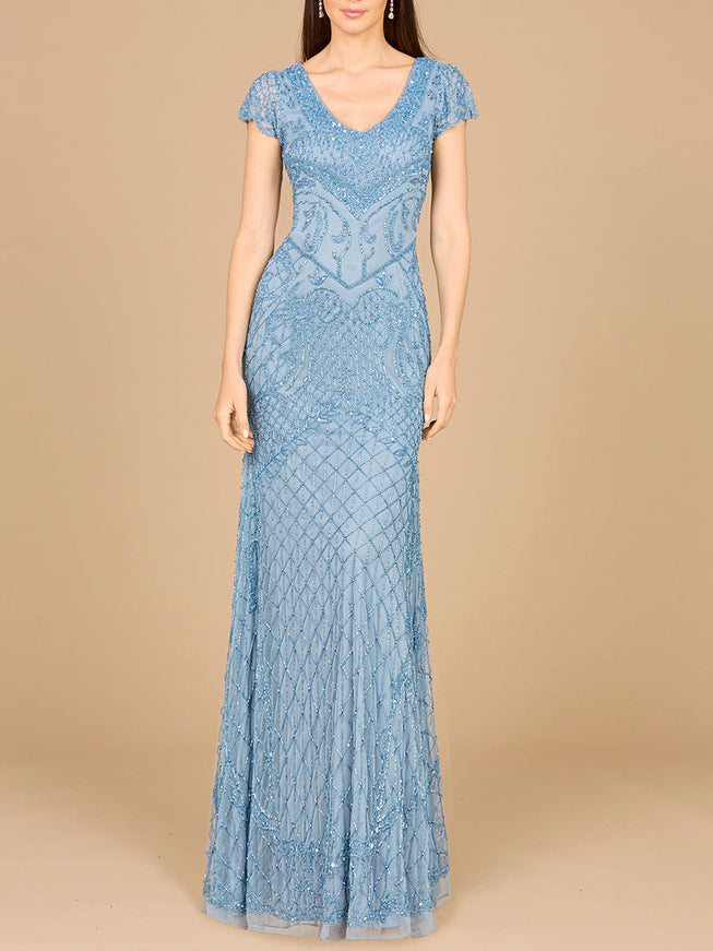 Beaded Cap Sleeve Gown With V-Neckline - OUTLET