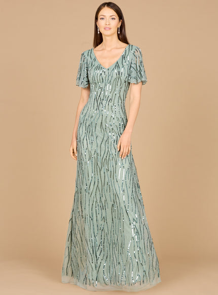 Lara Beaded Gown With Cape Sleeves Green Mist