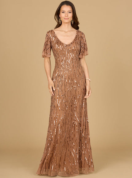 Lara Beaded Gown With Cape Sleeves Mocha