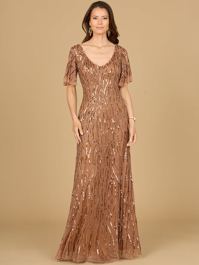 Lara Beaded Gown With Cape Sleeves Mocha