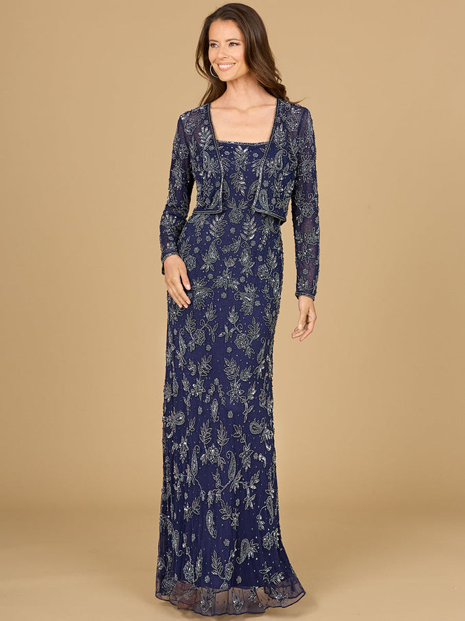 Sheath Gown with Long Sleeve Jacket Navy