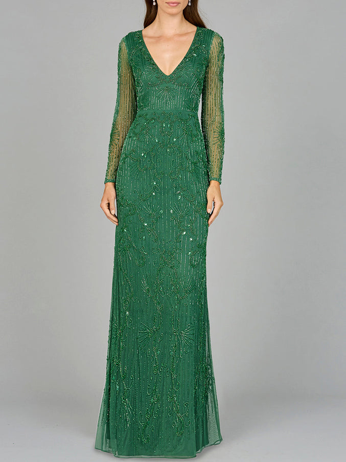 Elegant Long Sleeve Beaded Gown - OUTLET Forest Green