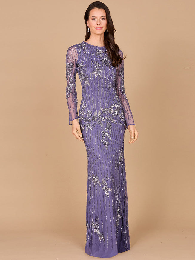 Long Sleeve, High Neck Beaded Gown - OUTLET Amethyst