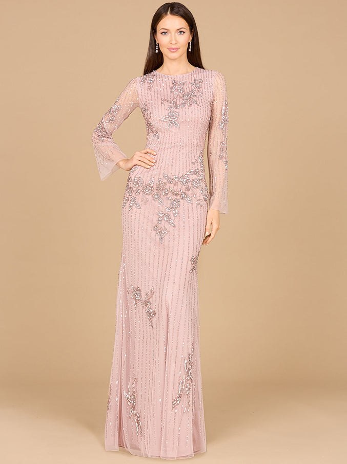 Lara New York 29079 Long Sleeve High Neck Beaded Gown Dusty Rose