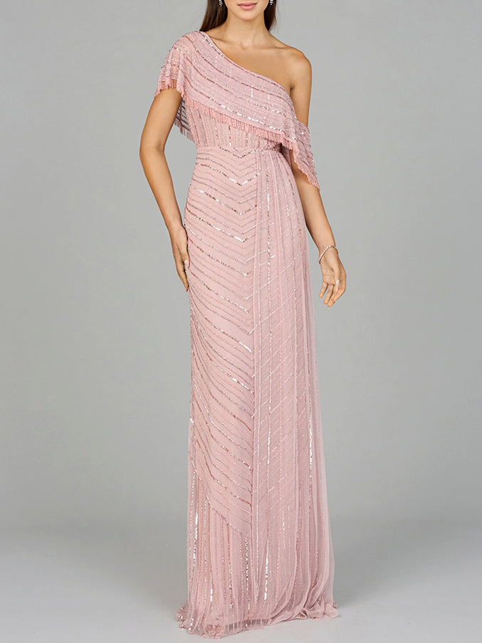 Lara New York 29084 Off Shoulder Sheath Beaded Gown Dusty Rose