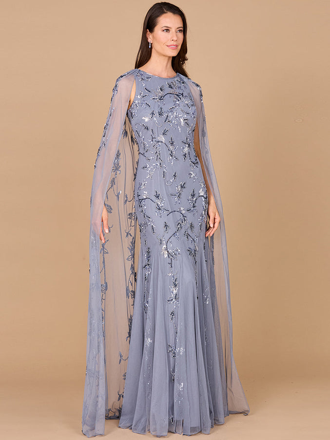 Mermaid Beaded Dress with Long Cape - OUTLET Dusty Periwinkle