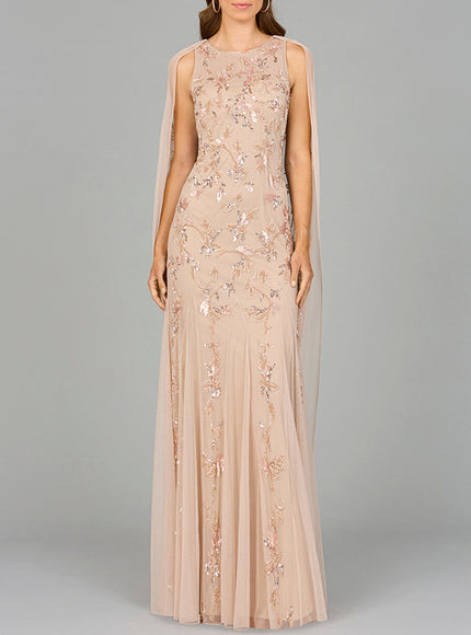 Mermaid Beaded Dress with Long Cape - OUTLET Nude