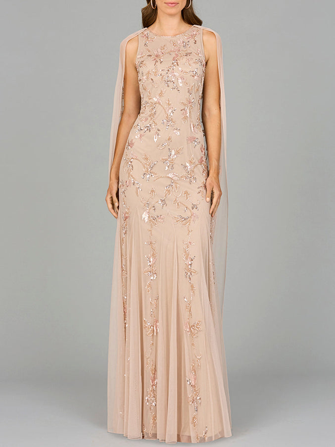 Mermaid Beaded Dress with Long Cape - OUTLET Nude