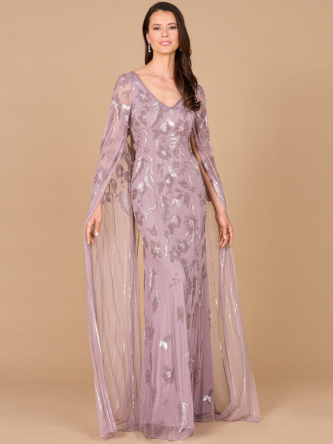 Beaded Sheath Dress with Long Cape Dusty Lavender