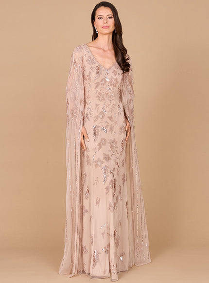 Beaded Sheath Dress with Long Cape Nude