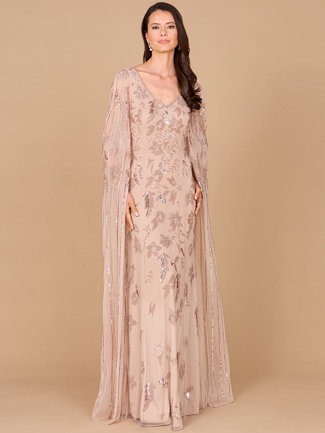 Beaded Sheath Dress with Long Cape Nude