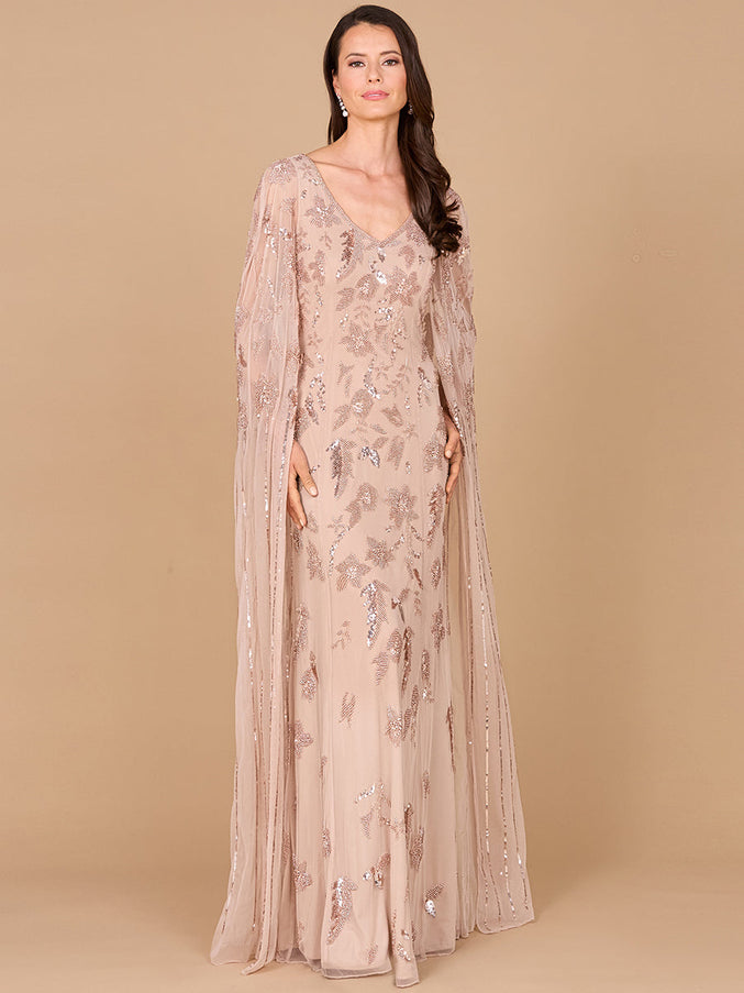 Beaded Sheath Dress with Long Cape Nude