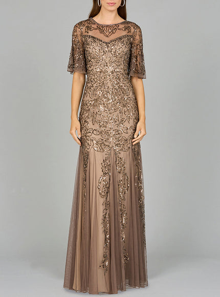 Short Sleeve Sheath Beaded Gown Bronze