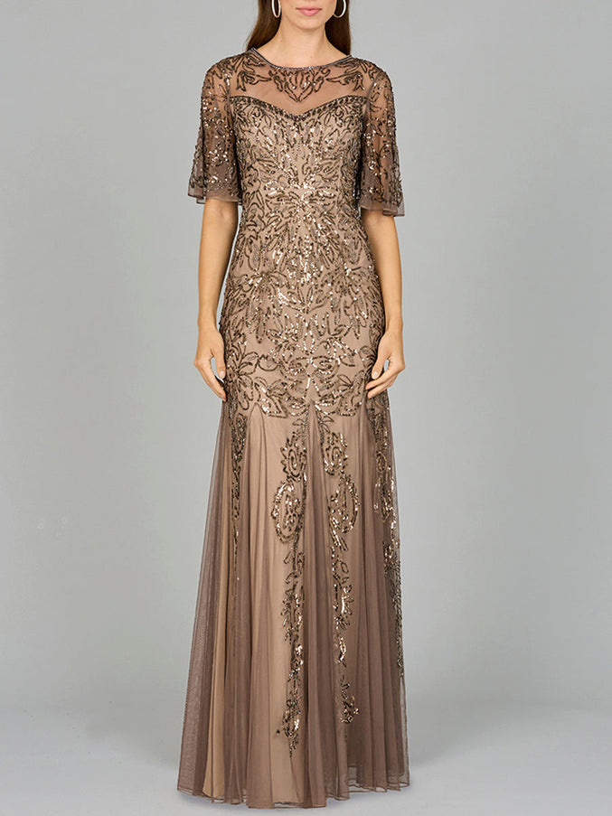 Lara New York 29092 Short Sleeve Sheath Beaded Gown Bronze