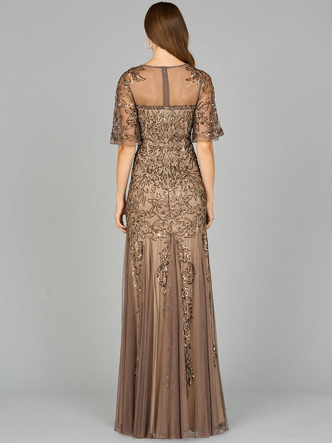 Lara New York 29092 Short Sleeve Sheath Beaded Gown