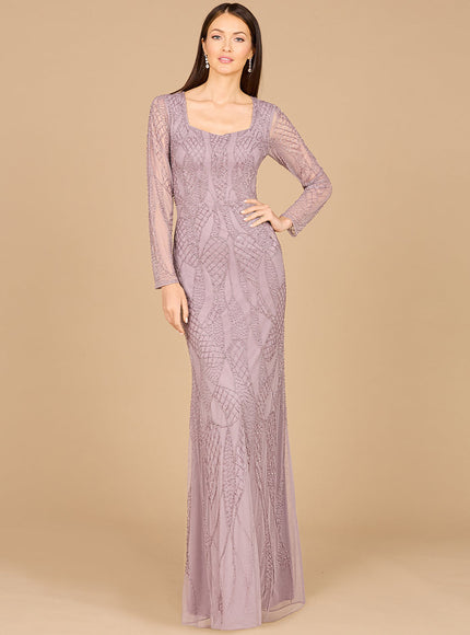 V Neck Beaded Long Sleeve Dress Dusty Lavender