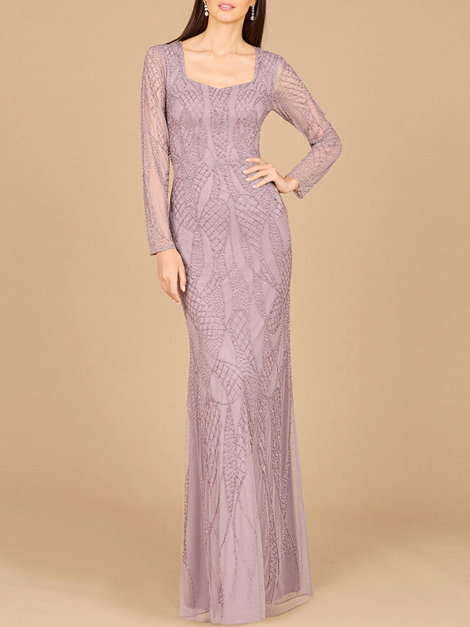 Lara New York 29094 V Neck Beaded Long Sleeve Dress