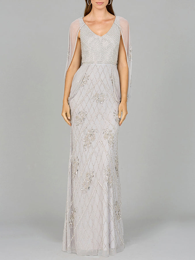 Beaded Cape Sleeve Dress Silver
