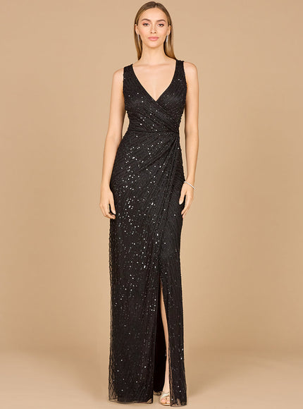 Lara New York 29096 Beaded Black Gown with Slit Black