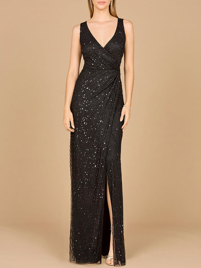 Lara New York 29096 Beaded Black Gown with Slit